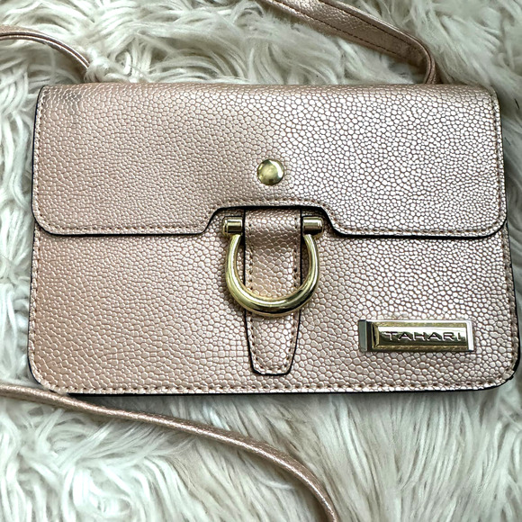 Tahari Rose Gold Mini Glamper Cross Body Bag Faux Pebble Leather - Picture 3 of 12